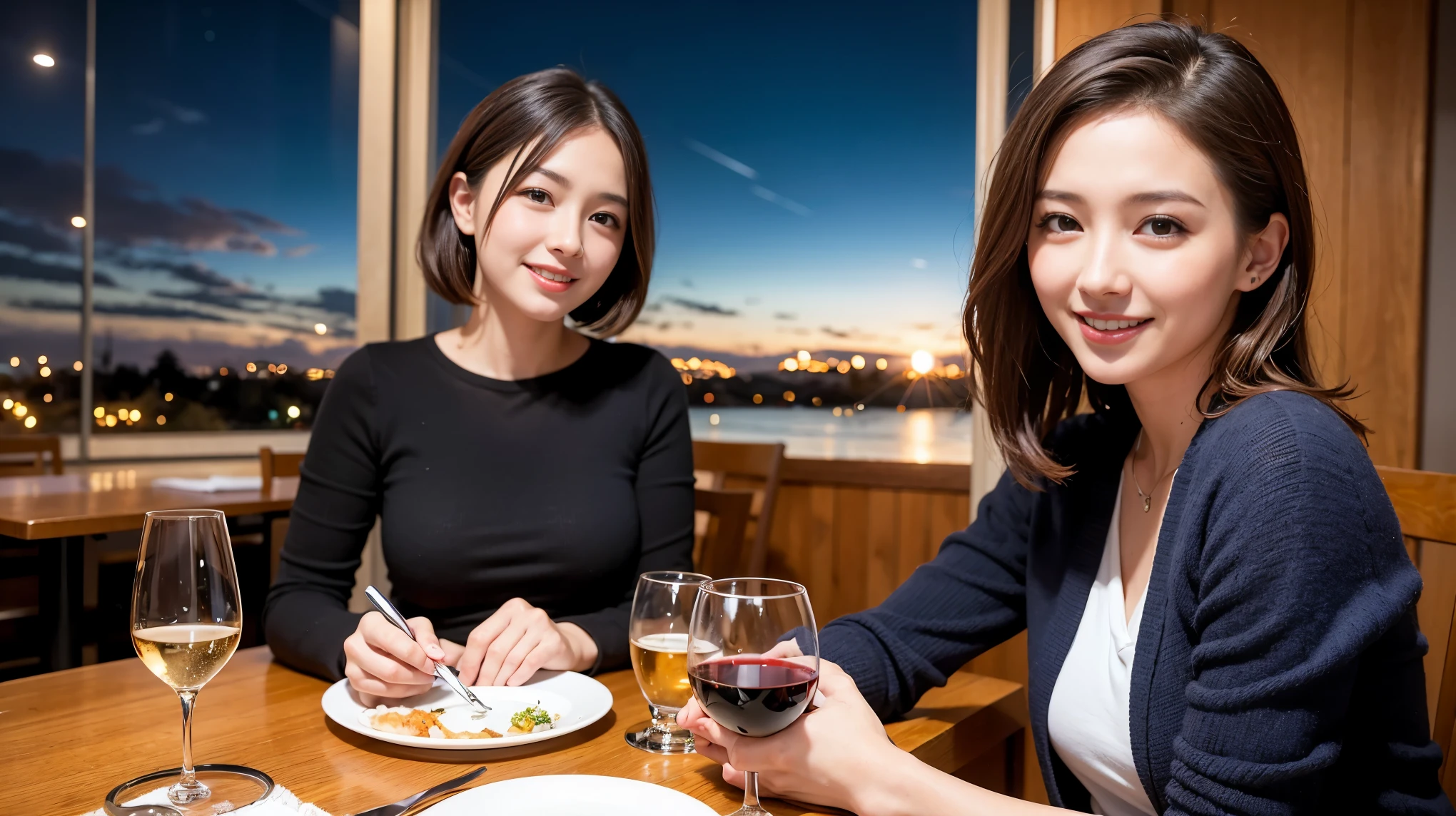 (K UHD, nffsw, highest quality, table top: 1.2), (realistic, realistic: 1.37), Spectacular view of the sunset sky and clouds、Amazing mountain views、ニコニコ明るいsmile、smileの素敵な女性、that woman&#39;bright face、Fox face、lady、wine 、Appetizer、Italian food、two beauties、brown hair、shortcut、long sleeve shirt、winter fashion、dress、Japanese、Englishman、Dutch、German、Belgian、Italian、French,wineボトル、Appetizer、Champagne、スパークリングwine、Pretty Woman 1, (slimな顔), (because I&#39;thin), (brown hair), (shortcut), cheeks turn a little red, (42 years old), 38 years old, charming beauty、, A beautiful and detailed night view spreads out outside the window..........., restaurant, wineグラスに座って, At night, in a prominent place (from the waist up) nova frog style, actress, model, Upper body, 白wine, slim, wineグラス, Very beautiful night view, 真ん中に置かれたwineグラス, smile, (smile: 1.15), Beautiful little eyes, 