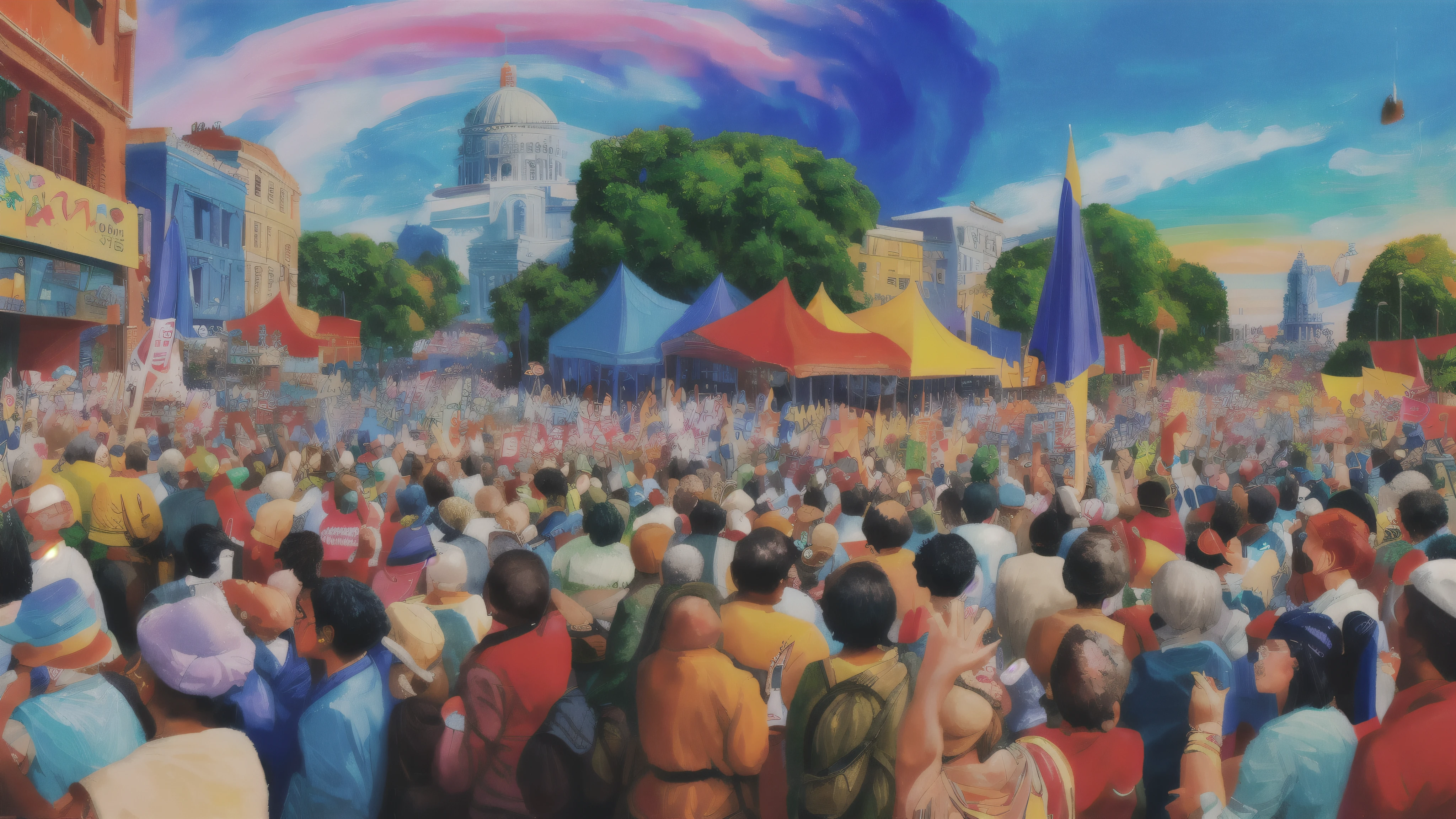Illustrate the spirit of democracy in a lively painting style. Capture a scene of diverse citizens vibrant colors to evoke energy and hope. Show the power of collective voices and inspire viewers to cherish and engage in democratic processes. Ensure high resolution for printing on a large canvas.