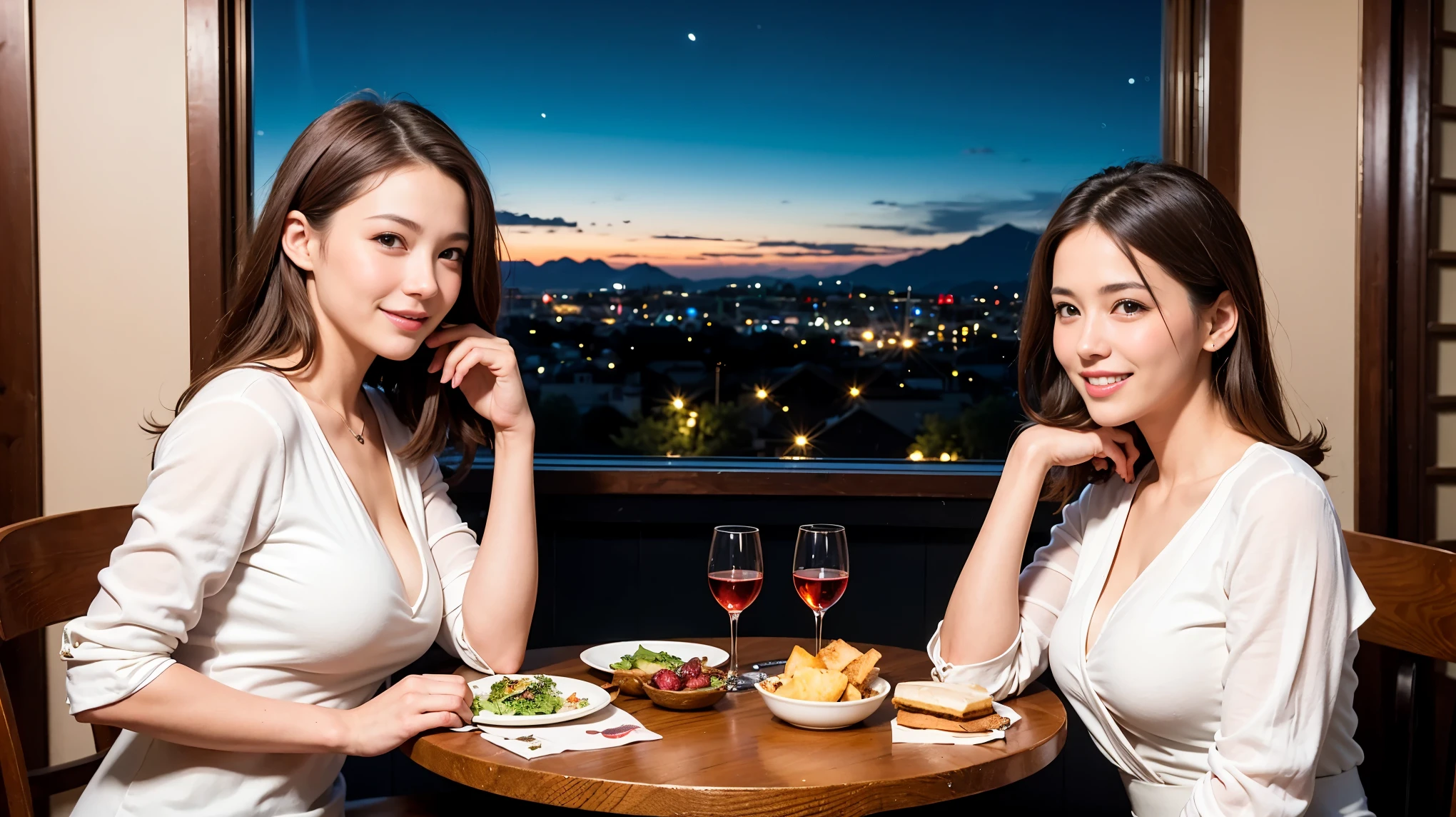 (K UHD, nffsw, highest quality, table top: 1.2), (realistic, realistic: 1.37), Spectacular view of the sunset sky and clouds、Amazing mountain views、ニコニコ明るいsmile、smileの素敵な女性、that woman'bright face、Fox face、lady、wine 、Appetizer、Italian food、two beauties、brown hair、shortcut、long sleeve shirt、winter fashion、dress、Japanese、Englishman、Dutch、German、Belgian、Italian、French,wineボトル、Appetizer、Champagne、スパークリングwine、Pretty Woman 1, (slimな顔), (because I'thin), (brown hair), (shortcut), cheeks turn a little red, (42 years old), 38 years old, charming beauty、, A beautiful and detailed ht view spreads out outside the window..........., restaurant, wineグラスに座って, At nig in a prominent place (from the waist up) nova frog style, actress, model, Upper body, 白wine, slim, wineグラス, Very beautiful night w, 真ん中に置かれたwineグラス, smile, (smile: 1.15), Beautiful little eyes,