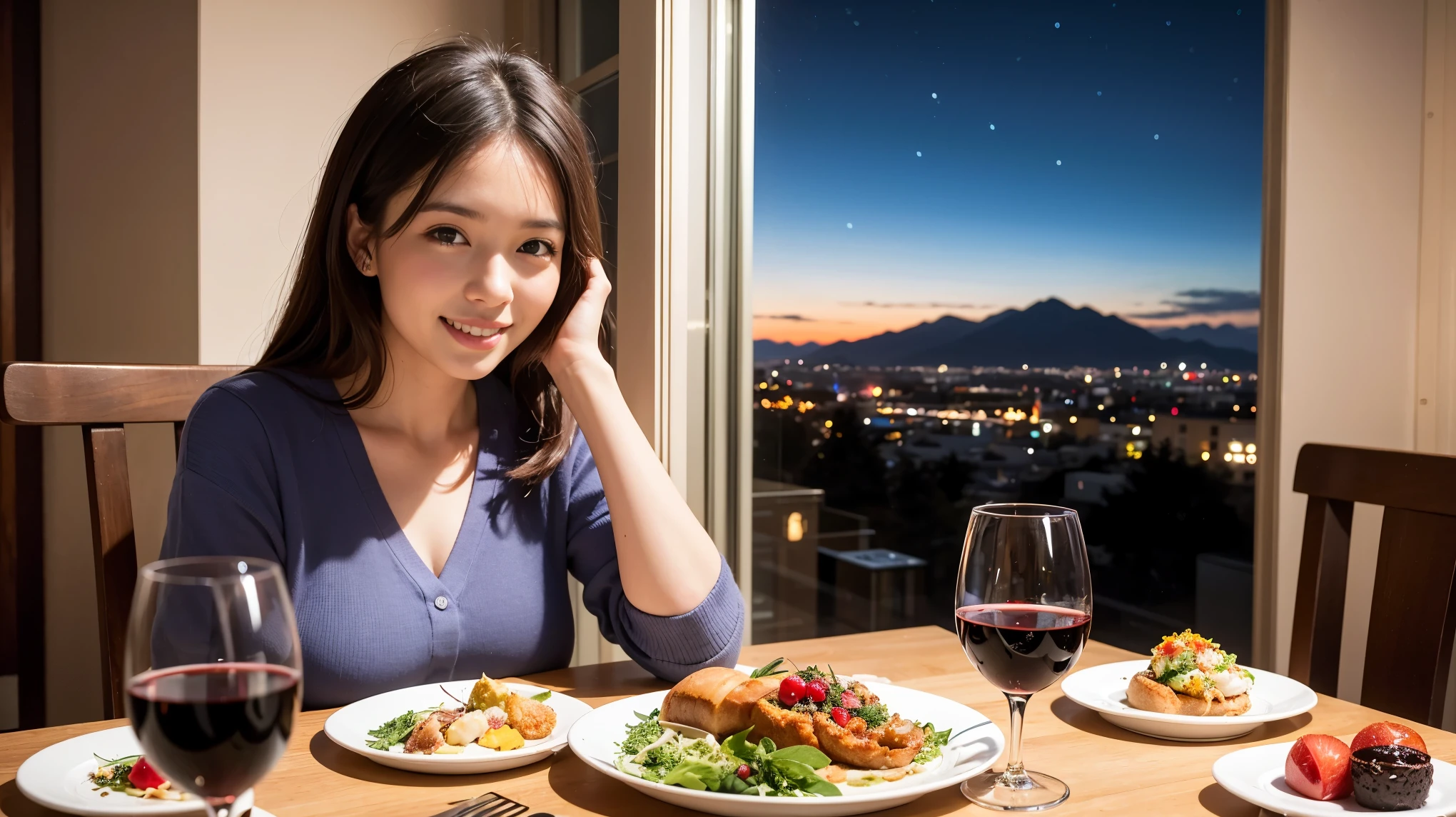 (K UHD, nffsw, highest quality, table top: 1.2), (realistic, realistic: 1.37), Spectacular view of the sunset sky and clouds、Amazing mountain views、ニコニコ明るいsmile、smileの素敵な女性、that woman&#39;bright face、Fox face、lady、wine 、Appetizer、Italian food、two beauties、brown hair、shortcut、long sleeve shirt、winter fashion、dress、Japanese、Englishman、Dutch、German、Belgian、Italian、French,wineボトル、Appetizer、Champagne、スパークリングwine、Pretty Woman 1, (slimな顔), (because I&#39;thin), (brown hair), (shortcut), cheeks turn a little red, (42 years old), 38 years old, charming beauty、, A beautiful and detailed night view spreads out outside the window..........., restaurant, wineグラスに座って, At night, in a prominent place (from the waist up) nova frog style, actress, model, Upper body, 白wine, slim, wineグラス, Very beautiful night view, 真ん中に置かれたwineグラス, smile, (smile: 1.15), Beautiful little eyes, 