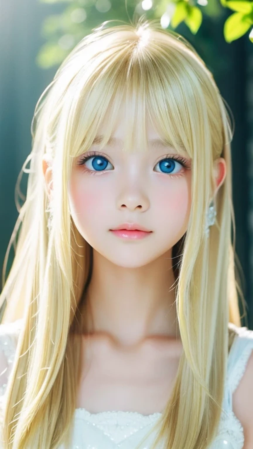 1 girl, The cutest girl、bright look、very messy blonde hair, Blond hair floating、Her bright, super long, straight blonde hair is dazzling with its golden shine.、very beautiful super long shiny blonde hair、very beautiful cute face、Sparkling Beautiful Skin、solo、super high quality、hard focus、film grain、ultra high resolution、masterpiece、Big eyes with sparkling lovely detailed crystal clear pale light blue、round face、small face beauty、Young shiny cheeks、Very beautiful long messy bangs over the eyes