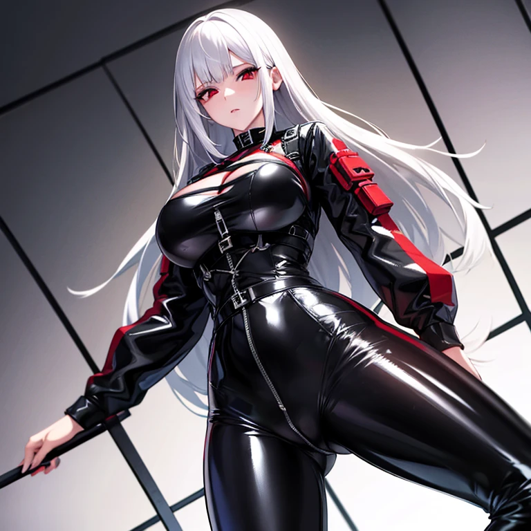 Girl in Black Latex Clothes. White Hair and Red Eyes. and Pussy. Strapon Harness.