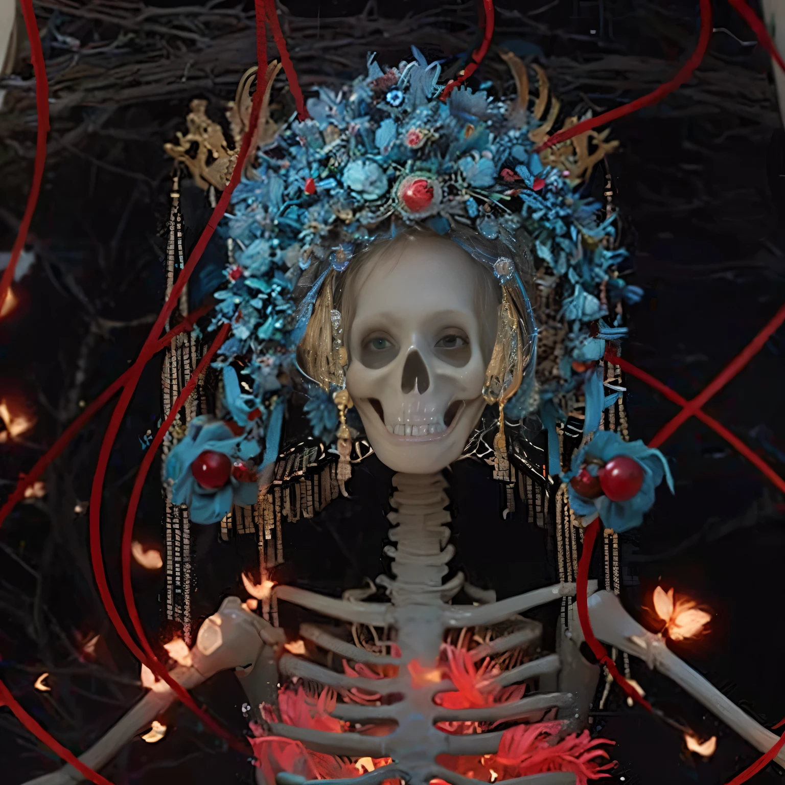 skeleton with a blue headdress and a red string, saint skeleton queen, tibetan skeleton dancer, the robot wearing the bone crown, hone onna skeleton geisha, intricate skeletal decorations, Chinese Ghost Festival, by Aleksander Kobzdej, kan liu, close-up portrait goddess skull, skeleton king, sergey krasovskiy