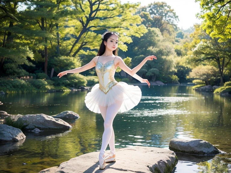 (A beautiful and detailed 18-year-old Japanese girl) (With a mesmerizing and seductive expression on her face)
(Best quality, masterpiece, ultra high resolution)
(Standing gracefully by the tranquil lake) (One foot elegantly placed on a rock) (The other foot lifted high) (Delicate foot details showcased)
(Reaching forward with one hand) (Stretching the other hand back) (Detailed hand gestures adding to the ballet-like pose)
(Scene reminiscent of Swan Lake) (Ballet dancing in the afternoon sunlight)
(A serene and elegant composition) (The beautiful Japanese girl