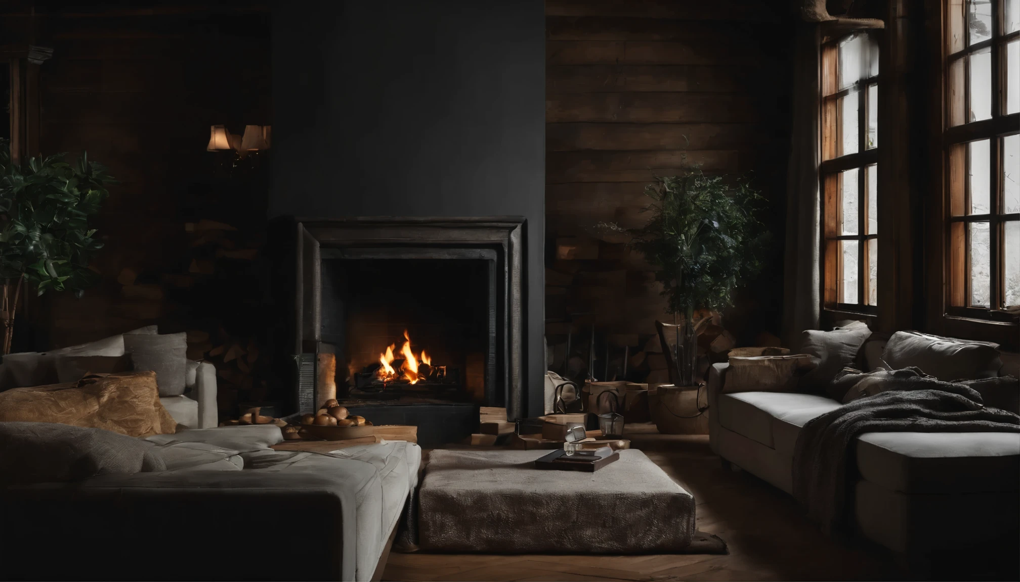 a large window, Fireplace with firewood burning in realistically expressed, It's dark inside and dark inside