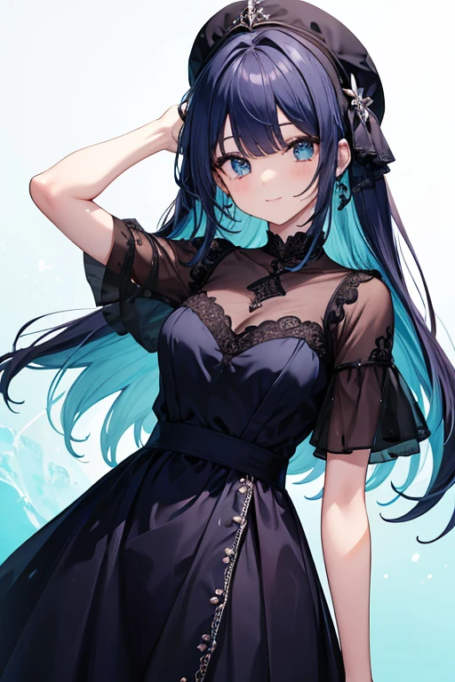 1 garota adolescente，solo，Sorriso leve，Hand on waist，Backgrounid preto e azul，vestido preto，Avental preto，Meias brancaontanhas no fundo, olhos brancos, cabelos prateados, roupas pretas, cabelo prata longo, olhos detalhados