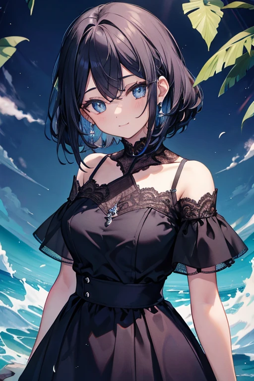 1 garota adolescente,solo,Sorriso leve,Hand on waist,Backgrounid preto e azul,vestido preto,Avental preto,Meias brancaontanhas no fundo, olhos brancos, cabelos prateados, roupas pretas, cabelo prata longo, olhos detalhados