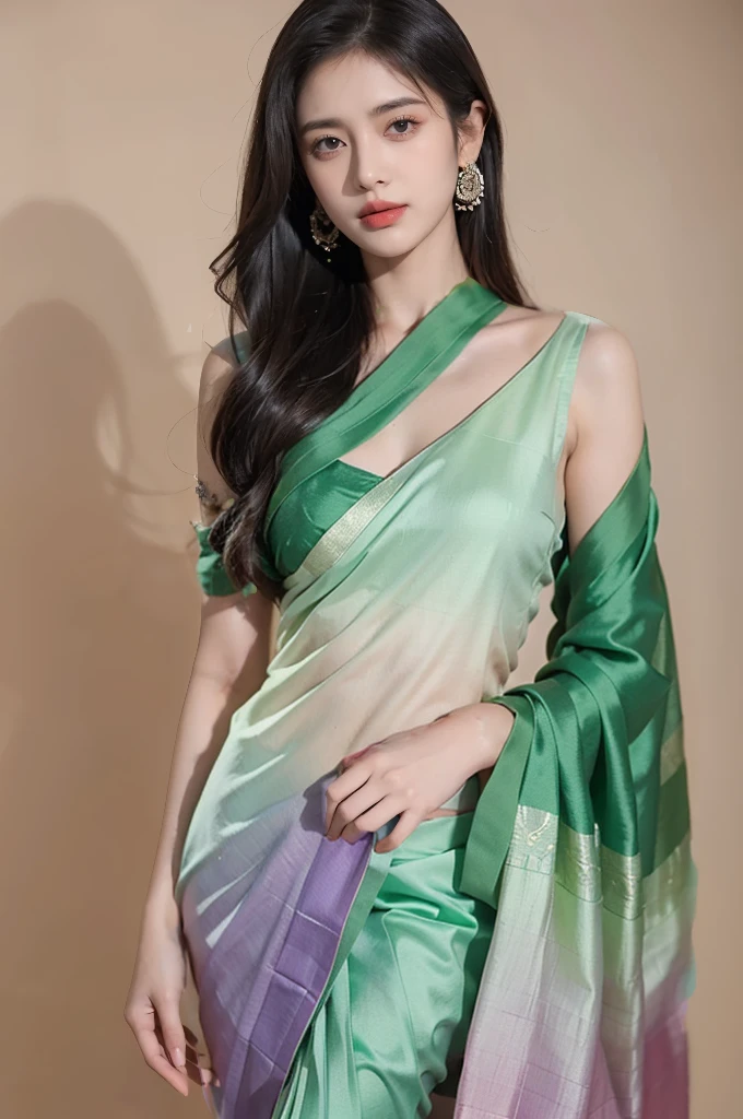 Mint green, purple brus painted silk saree with pink, green, red, mint green prints and embroidery. Tassel trimmed aanchal and comes with matching unstitched blouse piece. Blouse shown in the photo is a styling suggestion, it is not a part of the actual product.