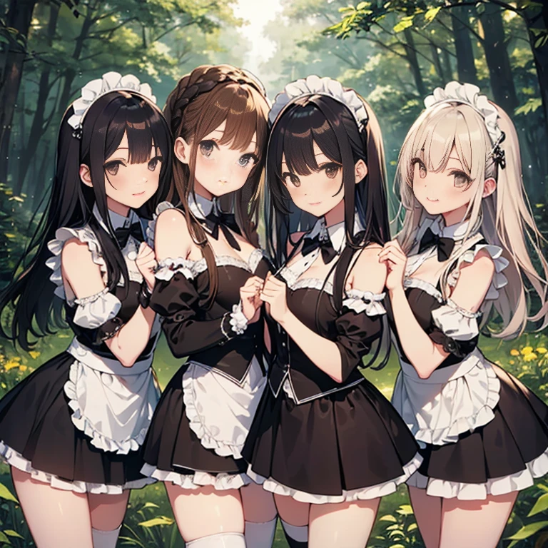 Very detailed, highest quality, High resolution, Moe Anime, ((4 cute girls with super droopy eyes)), (Black Hair:1.5), Blue Eyes, Sparkle in the eyes, (Big Eyes:1.4), (tareme:1.4), View your viewers, Focus on the face, In the park with cherry blossoms falling, ((The upper half of the body is a see-through maid outfit, the lower half is naked)), ((nsfw)), ((Very short hairstyle:1.5)), (Slightly below:1.2), ((Flat Chest:1.4)), (arms behind back:1.6), (wide eyed:1.4)