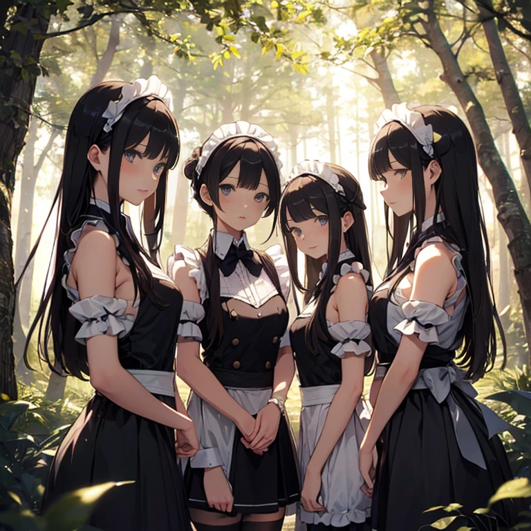A group of maids, (in forest), various hair styles, harem, wearing maid uniform, night, details face, , short skirt, seducing, sleeveless , night, starry night