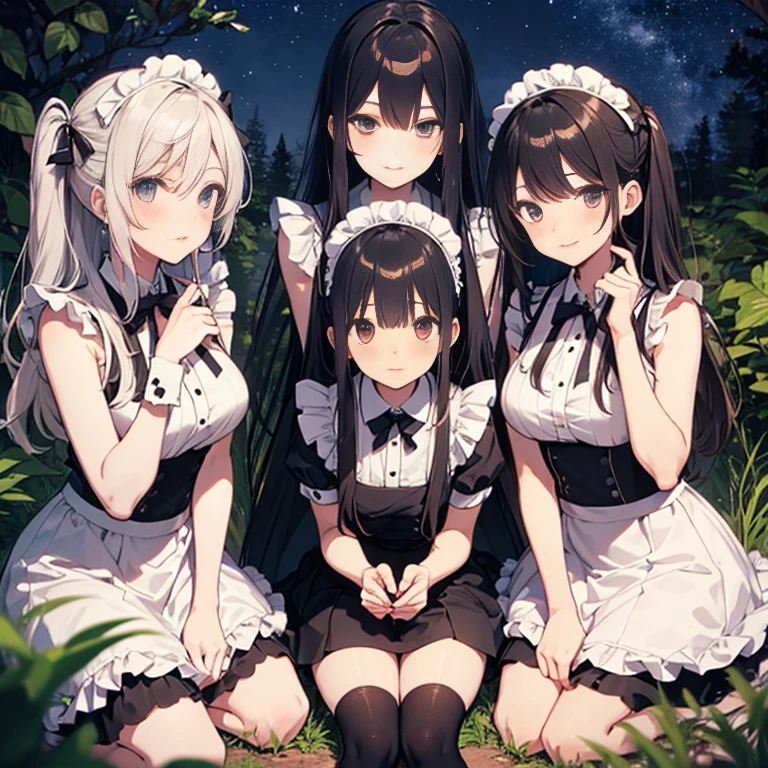A group of maids, (in forest), various hair styles, harem, wearing maid uniform, night, details face, , short skirt, seducing, sleeveless , night, starry night