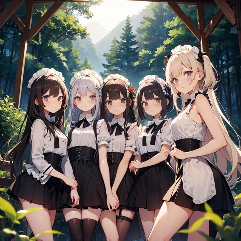 A group of maids, (in forest), various hair styles, harem, wearing maid uniform, night, details face, , short skirt, seducing, sleeveless , night, starry night 