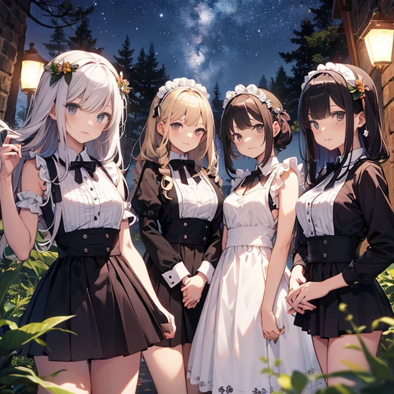 A group of maids, (in forest), various hair styles, harem, wearing maid uniform, night, details face, , short skirt, seducing, sleeveless , night, starry night