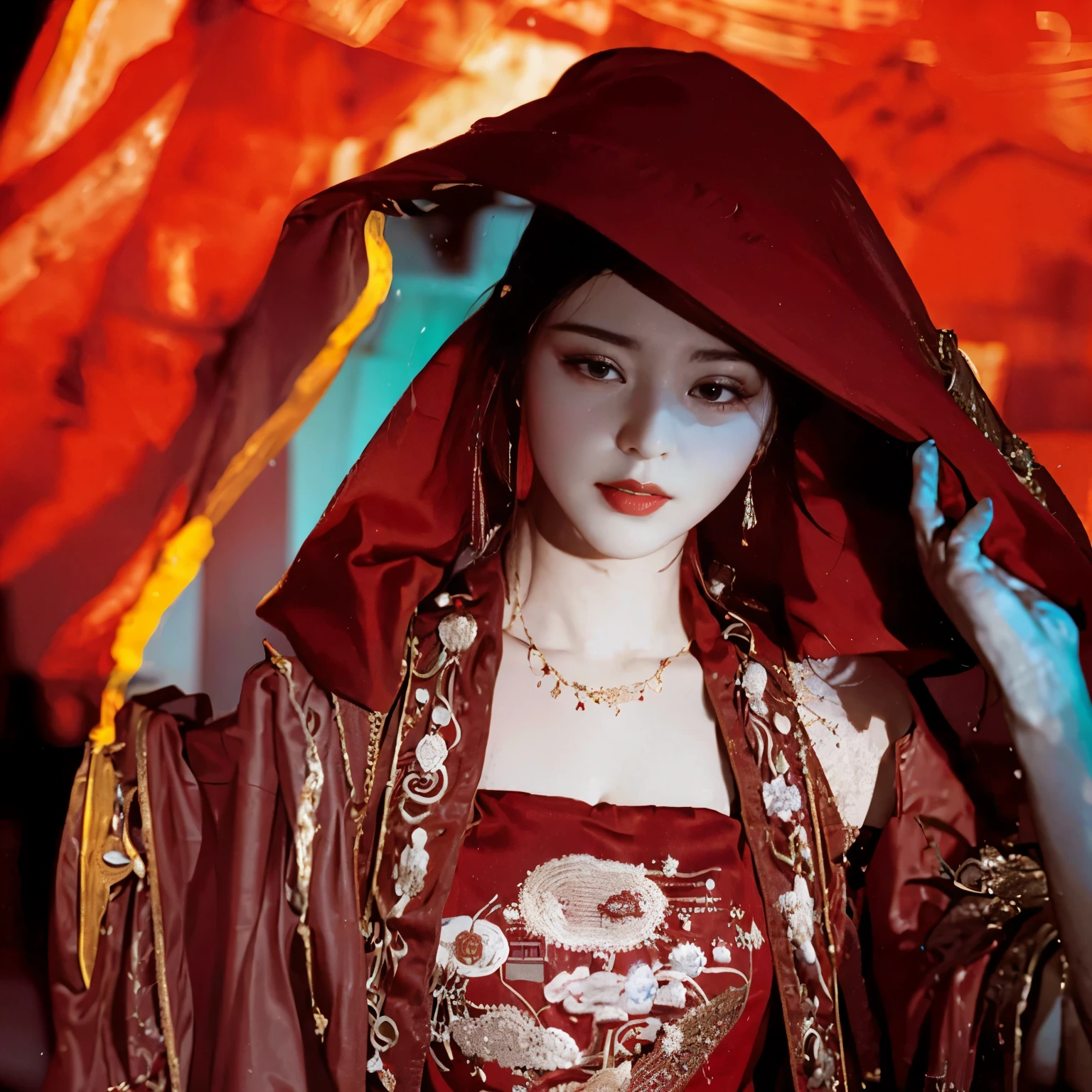 a close up of a woman in a red dress with a red shaw, chinese empress, chinese style, fan bingbing, chinese woman, ancient chinese beauties, beautiful oriental woman, ancient chinese princess, chinese princess, chinese costume, traditional chinese clothing, wearing ancient chinese clothes, wearing gilded red robes, with acient chinese clothes, chinese dress, jingna zhang