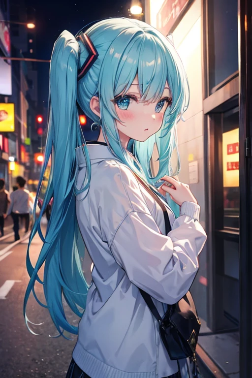 masterpiece、Top image quality、超A high resolution、miku hatsune、blue hairs、Twin-tailed、Blushing、mock、Open your mouth just a little、dressed casually、casual kyscraper、Japan、Outdoors、Night time