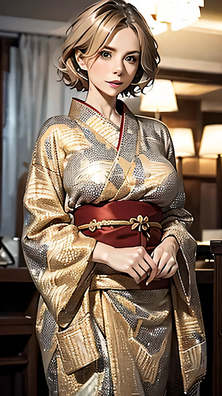 (highest quality,16k,masterpiece),Super detailed,mature woman,
blonde,straight hair,short hair,
Dressed in elaborate kimono,Detailed pattern,
big breasts,