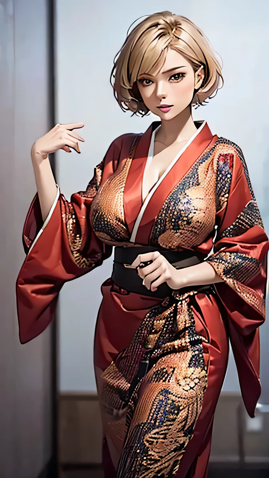 (highest quality,16k,masterpiece),Super detailed,mature woman,
blonde,straight hair,short hair,
Dressed in elaborate kimono,Detailed pattern,
big breasts,