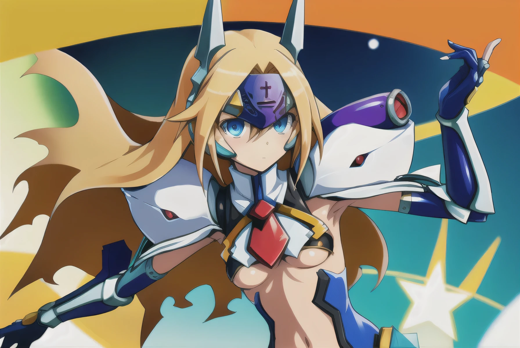 (((extremely detailed, promotional art, official art, abstract background, accurate drawing, character focused drawing))), blazblue, solo, mu-12, blue eyes, blonde hair, long hair, medium breasts, forehead protector, elbow gloves, blue gloves, robot ears, shoulder pads, (mechanical legs:0.9) 