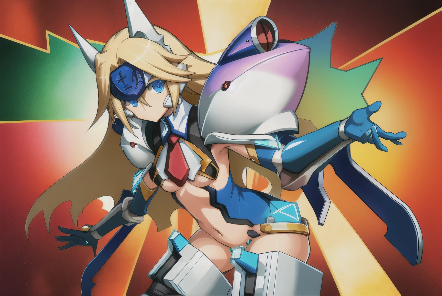 (((extremely detailed, promotional art, official art, abstract background, accurate drawing, character focused drawing))), blazblue, solo, mu-12, blue eyes, blonde hair, long hair, medium breasts, forehead protector, elbow gloves, blue gloves, robot ears, shoulder pads, (mechanical legs:0.9)