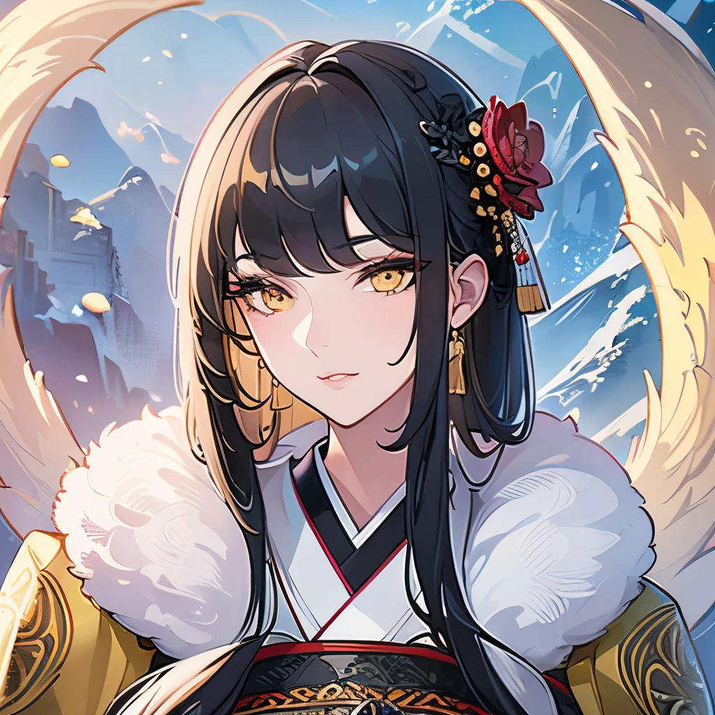 (Best quality details:1.22), 4K High definition, Ultra Detailed, high quality texture, intricate details, detailed texture,f inely detailed, high detail, high quality shadow, detailed beautiful delicate face, detailed beautiful delicate eyes, depth of field, human, middle-aged woman, solo, short himecut, traditional japanese clothes, yellow eyes, black hair, samurai detailed art