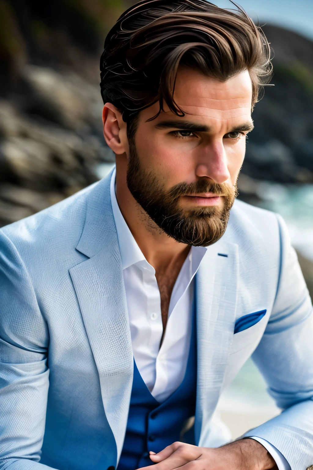 A high-resolution 4k photograph captures the realism of a 30-year-old man sitting on the beach, elegantly dressed in a blue suit and white shirt. With a contemplative gaze towards the camera, he exudes an air of sophistication and charm. The pristine shoreline serves as a serene backdrop, enhancing the overall cinematic quality of the image. The details are impeccably rendered, showcasing the intricate folds of his attire and the subtle play of light on his features. This extraordinary shot is a testament to the mastery of the photographer, providing viewers with an immersive and captivating visual experience.