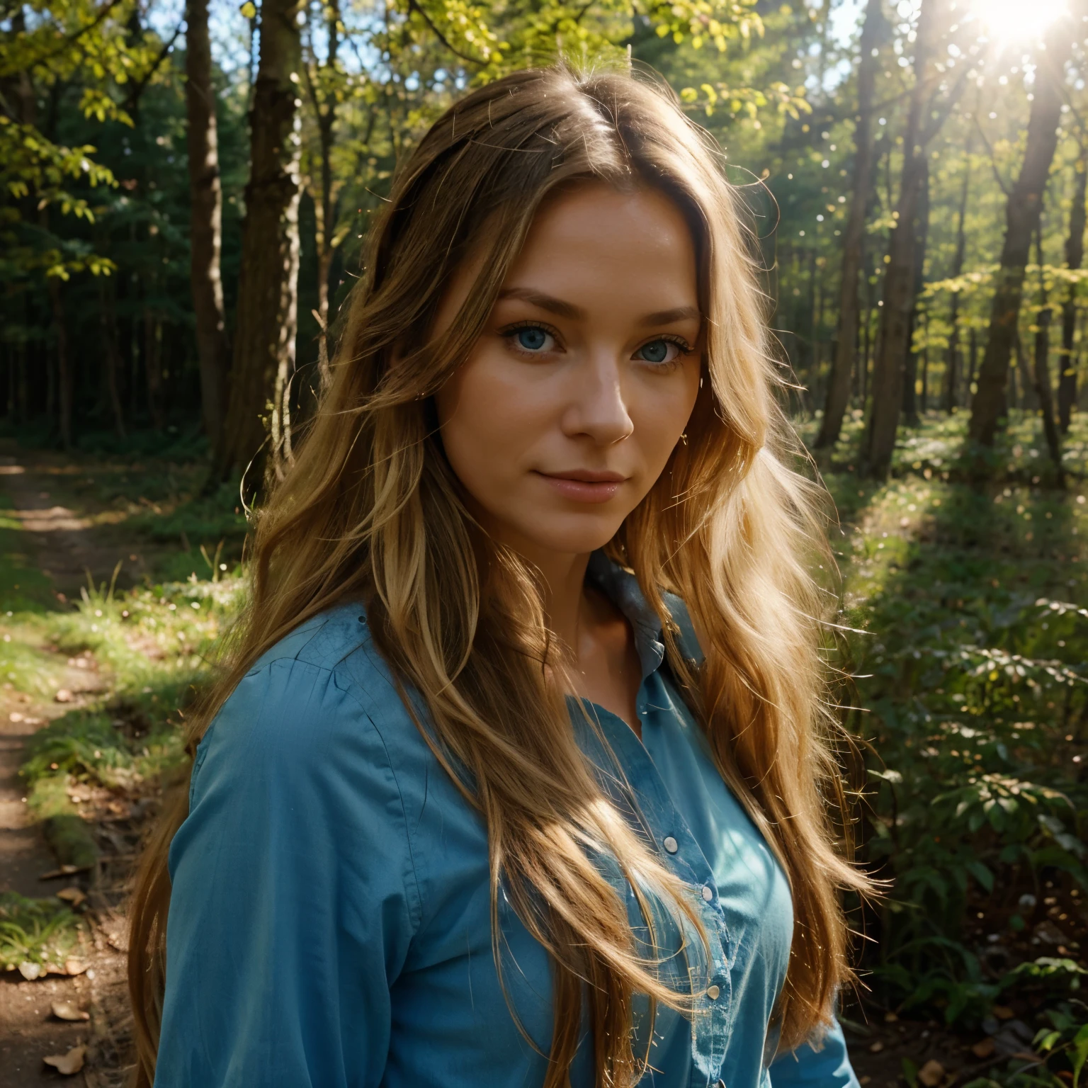 A beautiful woman with long hair, about 40 years old. Blue eyes. Blond hair. Walking in the forrest. Spring, sunny and warm day. Photo from a distance