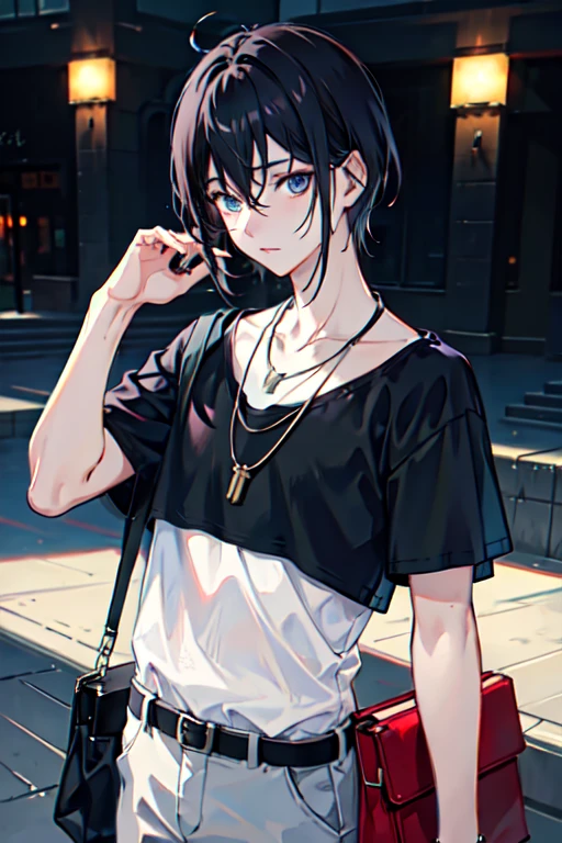 1 boy, bag, bangs, berry, black hair, black shirt, blue eyes, hair between eyes, jewelry, leaf, looking at the viewer, male focus, necklace, pants, shirt, alone, clock, white pants, wristclock, messy hair, Trending with ArtStation, 8K resolution, very detailed, anatomically correct, clear image, digital painting, concept art, It's trending on pixiv, Makoto Shinkai's style,