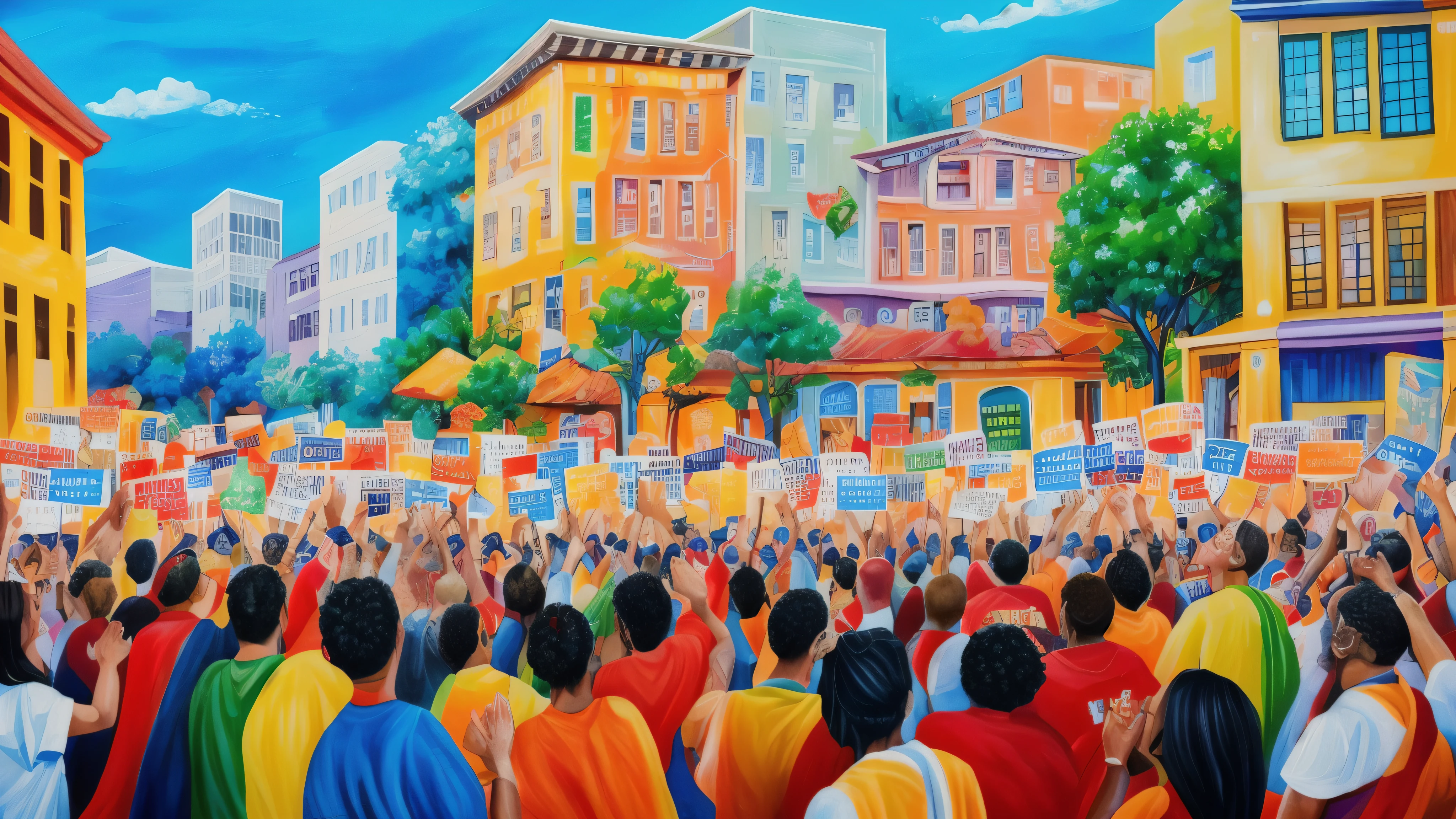 Illustrate the spirit of democracy in a lively painting style. Capture a scene of diverse citizens vibrant colors to evoke energy and hope. Show the power of collective voices and inspire viewers to cherish and engage in democratic processes. Ensure high resolution for printing on a large canvas.