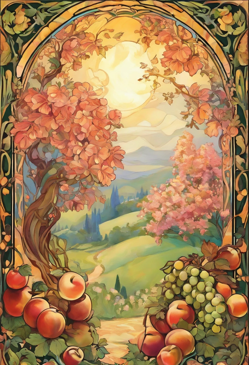 An orchard full of fruit,apple,Grape,peach,Pomegranate,Oil painting style,Bright sunlight across the screen,Idyllic atmosphere,nostalgic,Masterpieces of art.