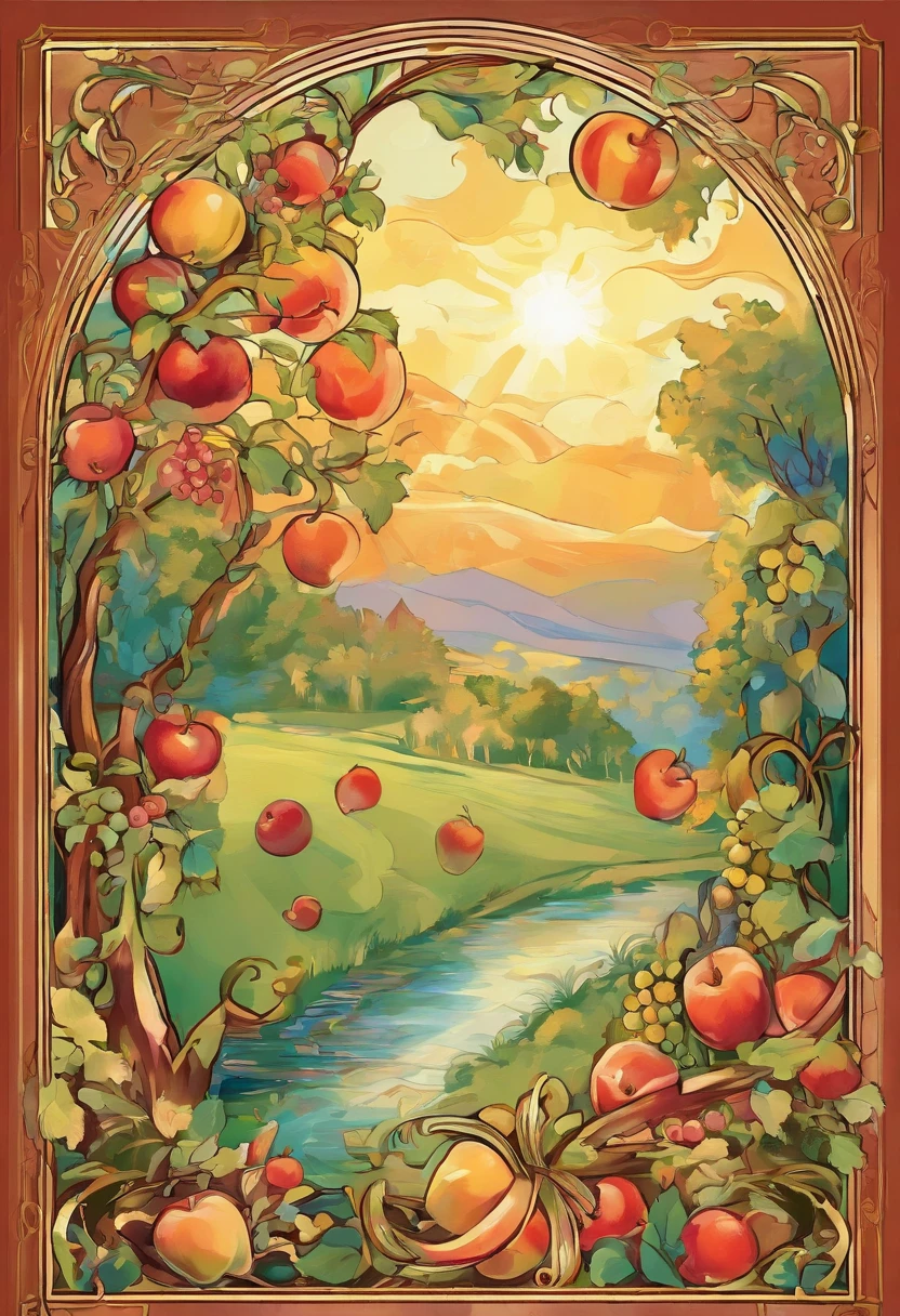 An orchard full of fruit,apple,Grape,peach,Pomegranate,Oil painting style,Bright sunlight across the screen,Idyllic atmosphere，nostalgic，Masterpieces of art．