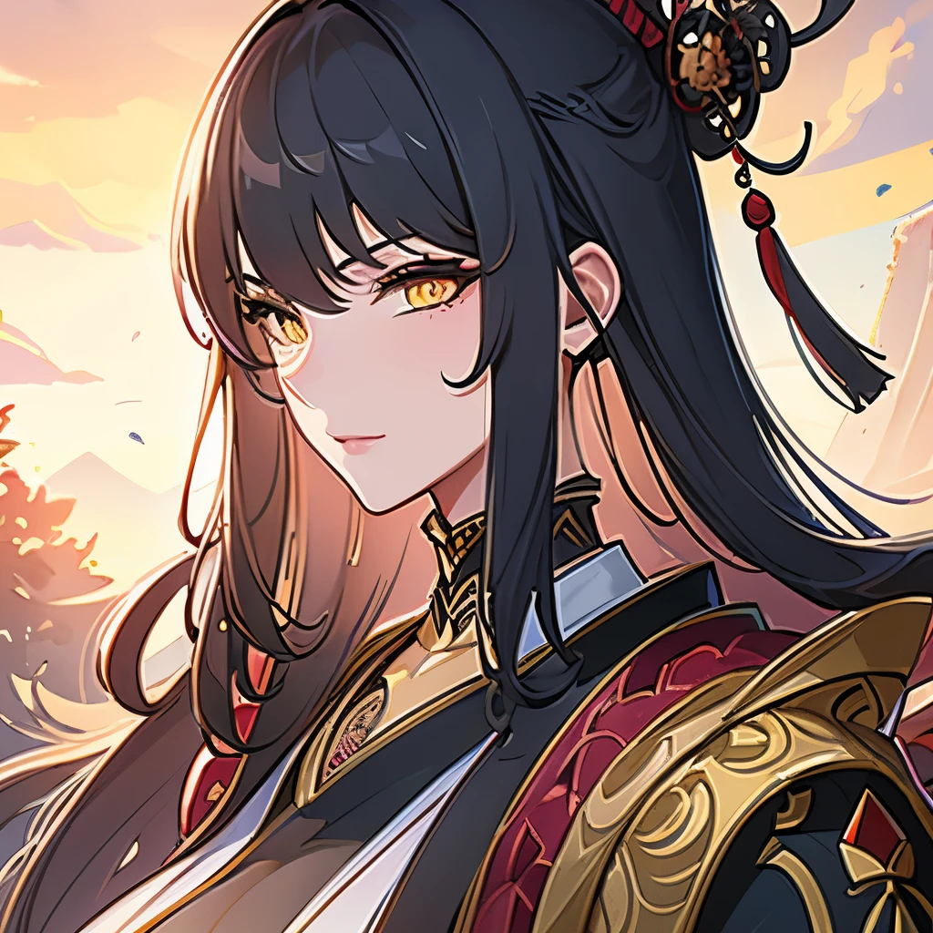 (Best quality details:1.22), 4K High definition, Ultra Detailed, high quality texture, intricate details, detailed texture,f inely detailed, high detail, high quality shadow, detailed beautiful delicate face, detailed beautiful delicate eyes, depth of field, human, middle-aged woman, milf, solo, short himecut, traditional japanese clothes, yellow eyes, black hair, samurai detailed art