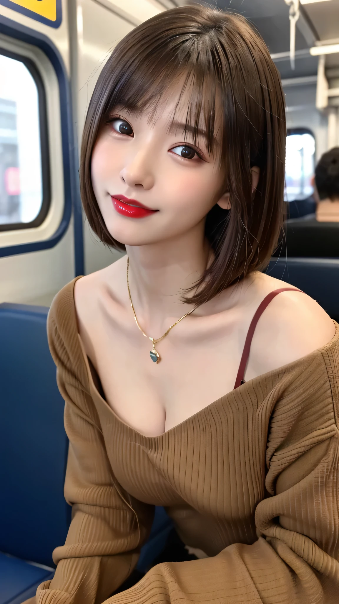 (highest quality、on the table、8K、best image quality、Award-winning work)、(young girl, 18-year-old:1.3)、(Lizard Sweater:1.2)、long eyelashes、Ultra HD Shining Eyes、ultra hd hair、ultra high resolution glossy lips、Super high resolution perfect teeth、Super high resolution cute face、brown hair、(very short straight hair:1.1)、look at me and smile、[clavicle]、、(the moodiest warm light:1.2)、have bangs、Super high-resolution glossy and moisturized face、Super high resolution glowing skin、The most delicate face、Ultra high resolution detailed faces、ultra high resolution hair、Super high resolution shining eyes、A beautiful face with detailed expressions、Super high resolution glossy red lips、small breasts、Split、fashion necklace、(crowded train)、