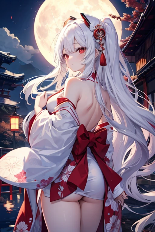 Anime, Cute, Japanese, Kaguya, Long White Hair, Ruby Red Eyes, , long kimono, full moon, sexy, rear