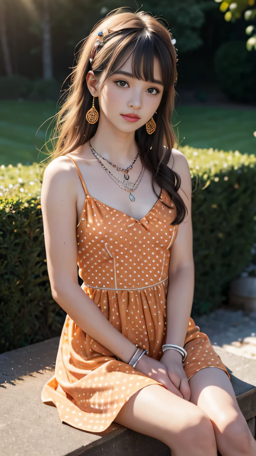best quality, masterpiece, 1 girl, (Polka-dot dress), (orange dress), hair accessories, necklace, (jewelry:1.8), pretty face, small breasts, Tyndall effect, lifelike, edge lighting, two color lights, (High detail skin:1.2), DSLR camera, (Spreading Light:1.5) soft light, high quality, Volumetric lighting, frank, in the garden, photo, High resolution, 4K, 8K, Bokeh, sitting,