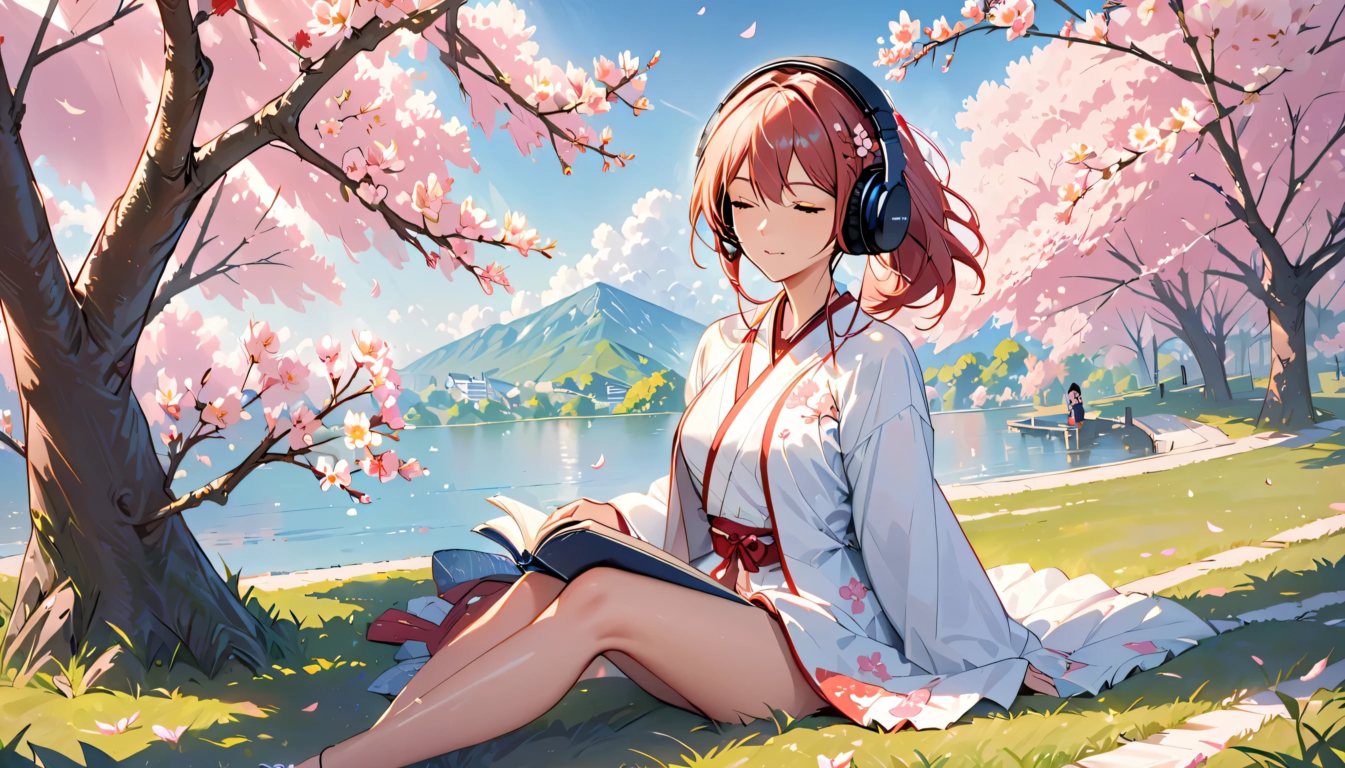 ((best quality)), ((masterpiece)), (detailed), perfect face, sitting under the cherry blossom tree, listening to music, One woman, wearing headphones, eyes closed, underwear visible