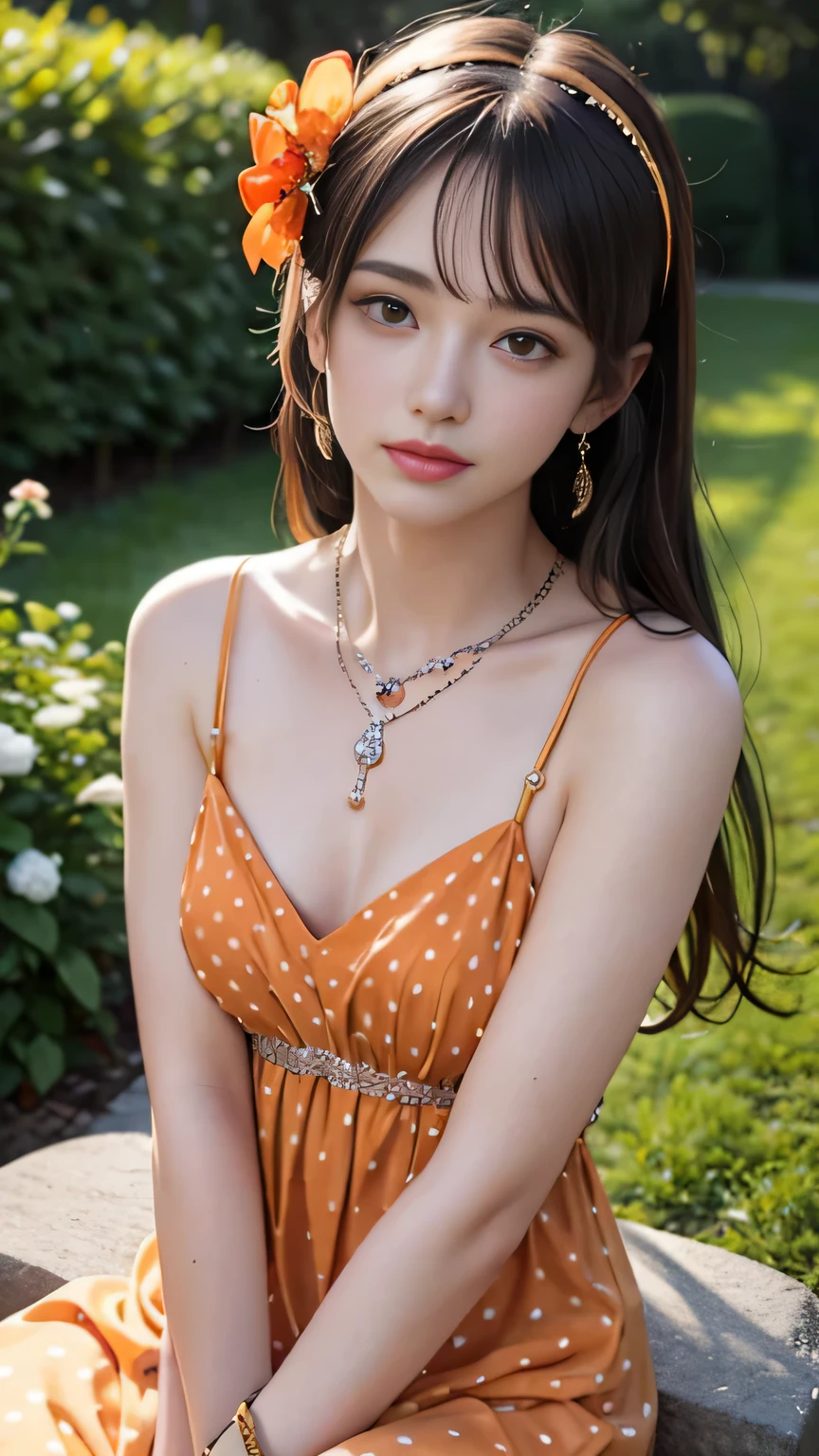 best quality, masterpiece, 1 girl, (Polka-dot dress), (orange dress), hair accessories, necklace, (jewelry:1.8), pretty face, small breasts, Tyndall effect, lifelike, edge lighting, two color lights, (High detail skin:1.2), DSLR camera, (Spreading Light:1.5) soft light, high quality, Volumetric lighting, frank, in the garden, photo, High resolution, 4K, 8K, Bokeh, sitting,