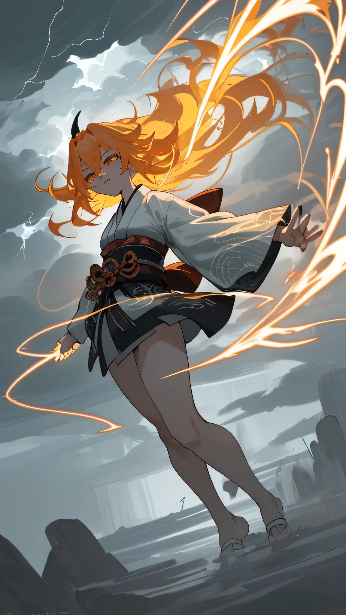 Craft an 8k, ultra-detailed anime-style masterpiece featuring a stunningly beautiful girl with long, vibrant yellow hair, embodying the essence of Raijin, the Japanese thunder god. Dressed in traditional Japanese attire, her kimono is adorned with motifs of lightning and storm clouds, swirling around her in a dance of divine power. Her presence is commanding, with her eyes capturing the tempestuous nature of the storms she conjures.As the embodiment of Raijin, she stands atop a high vantage point, with her fingers outstretched, summoning the fury of the skies. The background is alive with the raw power of a tempest, dark clouds roiling as lightning bolts arc down to the earth in a spectacular display of her might.Her expression is one of focused intensity, a calm amidst the storm, highlighting her connection and control over the elemental force at her command. The detail in the scene—from the intricate patterns on her kimono to the dynamic movement of her hair in the wind, and the electric energy of the storm—creates a vivid portrayal of a modern deity, rooted in tradition yet vibrant and powerful in her own right.