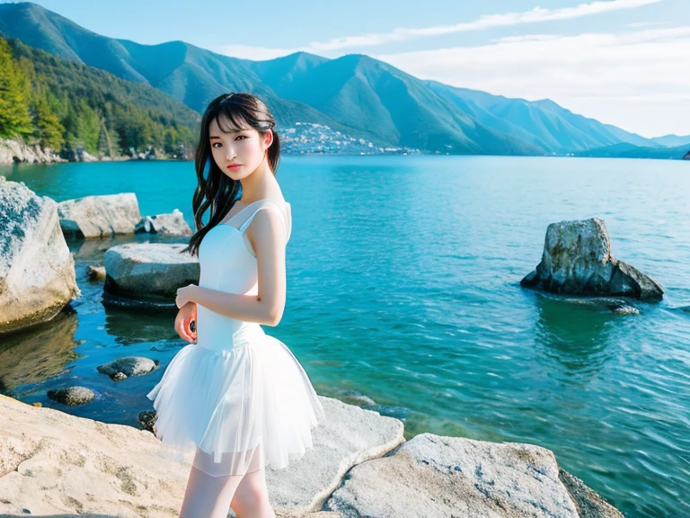 (a girl) (beautiful girl, Perfect and detailed face,mesmerizing and seductive).(best quality、masterpiece、ultra high resolution)(18 year old Japanese girl) (Standing with one left foot on the rock by the lake.Lift your right foot high. Delicate foot details)(Push your right hand forward.Stretch your left hand back.Delicate hand details)(Scene imitating the ballet Swan Lake).Ballet dancing facing the lake .best quality、masterpiece、ultra high resolution、(Photo realism:1.4)、original photo)(shadow、octane rendering、8K、Super sharp. realistic light)、 A beautiful Japanese girl wearing a white tutu，Standing on the rocks by the lake in the afternoon。Against the background of blue sky and heart-shaped lake。
, Serenity and elegance, Excellent composition,

