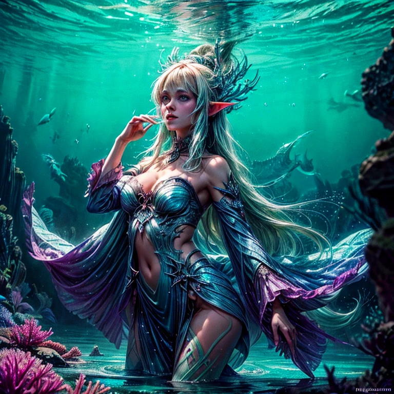 high details, best quality, 16k, [ultra detailed], masterpiece, best quality, (extremely detailed), dynamic angle, ultra wide shot, RAW, photorealistic, fantasy art, dnd art, rpg art, realistic art, an ultra wide picture of a sea elf (1.5 intricate details, Masterpiece, best quality) water mage casting ((water control spell)), water wizard ((water magic, intense magic details)), ((controlling a swirling mass of water)), magical symbols GlowingRunes_pink, female sea elf, blue skin, green hair, long hair, swirling hair, intense eyes, small pointed ears, ((blue eyes)), ((glowing eyes)), armed with magical wand, wearing sea shell clothing, beautiful elf, underwater background, rich underwater life, ((magical atmosphere)), fish and sea weeds, high details, best quality, highres, ultra wide angle