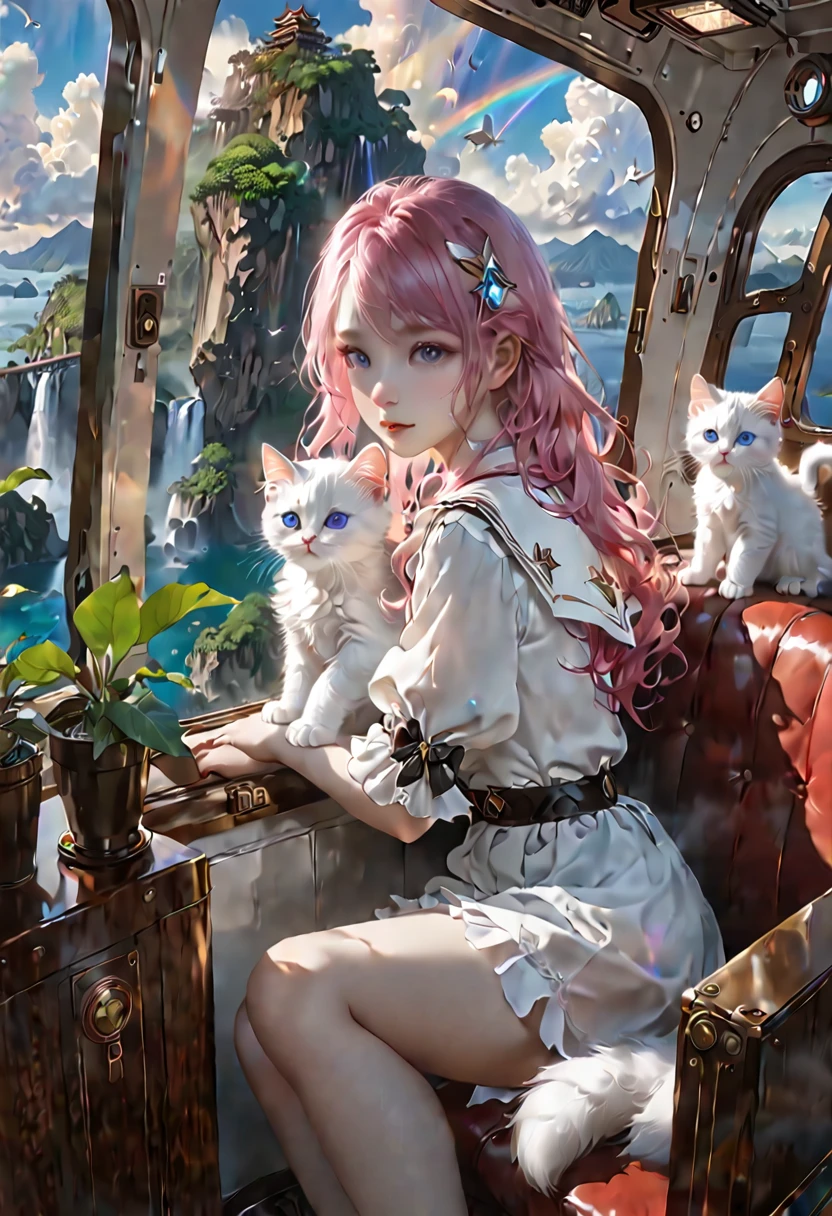 (8K、Raw photo、highest quality、look up:1.2、masterpiece:1.2、genuineistic、ultra high resolution、high contrast、photon mapping、genuine、Super detailed、official art, Raw photo、professional lighting、 light、Vivid atmosphere、twicelight) (1 girl),  (full body figure), (Portrait of a Girl), (Young look),（Moist eyes), (beautiful face:1.3), (perfect proportions:1,2), (thin legs), (thin thighs), (long legs:1.2), (delicate), (height: 150cm), (15 years old) , (Fair skin、white skin: 1.5), (lightブラウンのポニーテール), (Pink Hair Fastening), （One white kitten）A girl and a white kitten in the observation room of an airship。From the airship&#39;s observation deck、A girl and a white kitten、Looking at the flying island。Many floating islands flying in the sky。Ancient ruins remain on the flying island。The flying island is a waterfall and a lake、You can see the mountains。The flying island is full of nature。An atmosphere that exudes the excitement of adventure。High Fantasy Worldview,　Beautiful depiction of grand composition and proportions, Guardian nebula of rainbow light and silvery vapor, Corrosive Encirclement Ray Family Color, slimy air feeling,