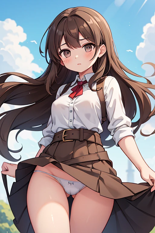 A young woman with ((long brown hair and gray eyes)), wearing sexy clothes, a skirt with a slit that reaches to her waist, flapping in the wind, and (((no underwear))).