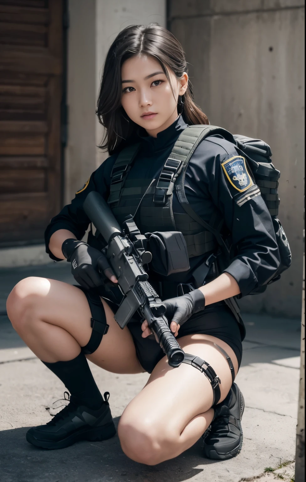 Highest image quality, outstanding details, ultra-high resolution, (realism: 1.4), ((close up:0.75, from front)), Photorealistic, highly condensed 1 lady, full body, sitting on the floor with one knee raised, aiming with a rifle, (Detailed face), looking at the camera, (wearing nylon rash-guard as police uniform, gloves, military harness, holding a machinegun, carrying hich-tech-backpack), background grey, Fingers are occluded