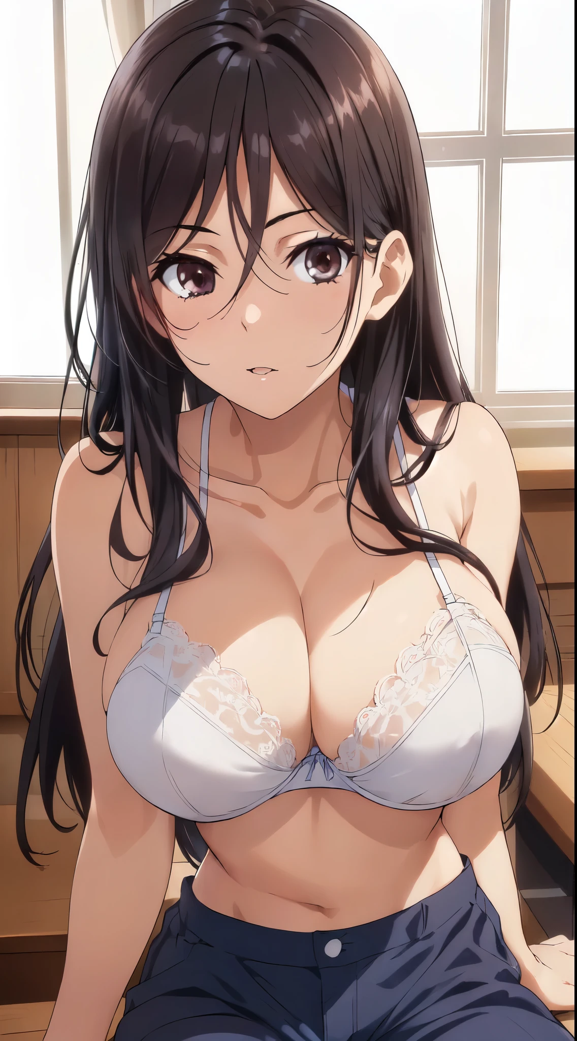 (masterpiece:1.5),(perfect anatomy:1.4),anime character,(bright room:1.1),(vivid color:1.4),(slender:1.4),(brown eyes:1.4),arms behind back,perfect female body,Bright colors,perfect lighting,(light from the front,light shines on your face:1.3),(very accurate details,ultra high resolution,Highly detailed CG) nity 8K wallpaper:1.5),(realistic,Photoreal,超realistic:1.4),(curve,model,Glamour:1.4),beautiful ,beautiful detailed shadows,beautiful eyes,beautiful body,beautiful skin,beautiful hands,(Aesthetic Anime Eyes:1.4),shiny hair,(black hair:1.5),(long straight hair:1.5),(smile,blush:1.4),(brown eyes:1.4),