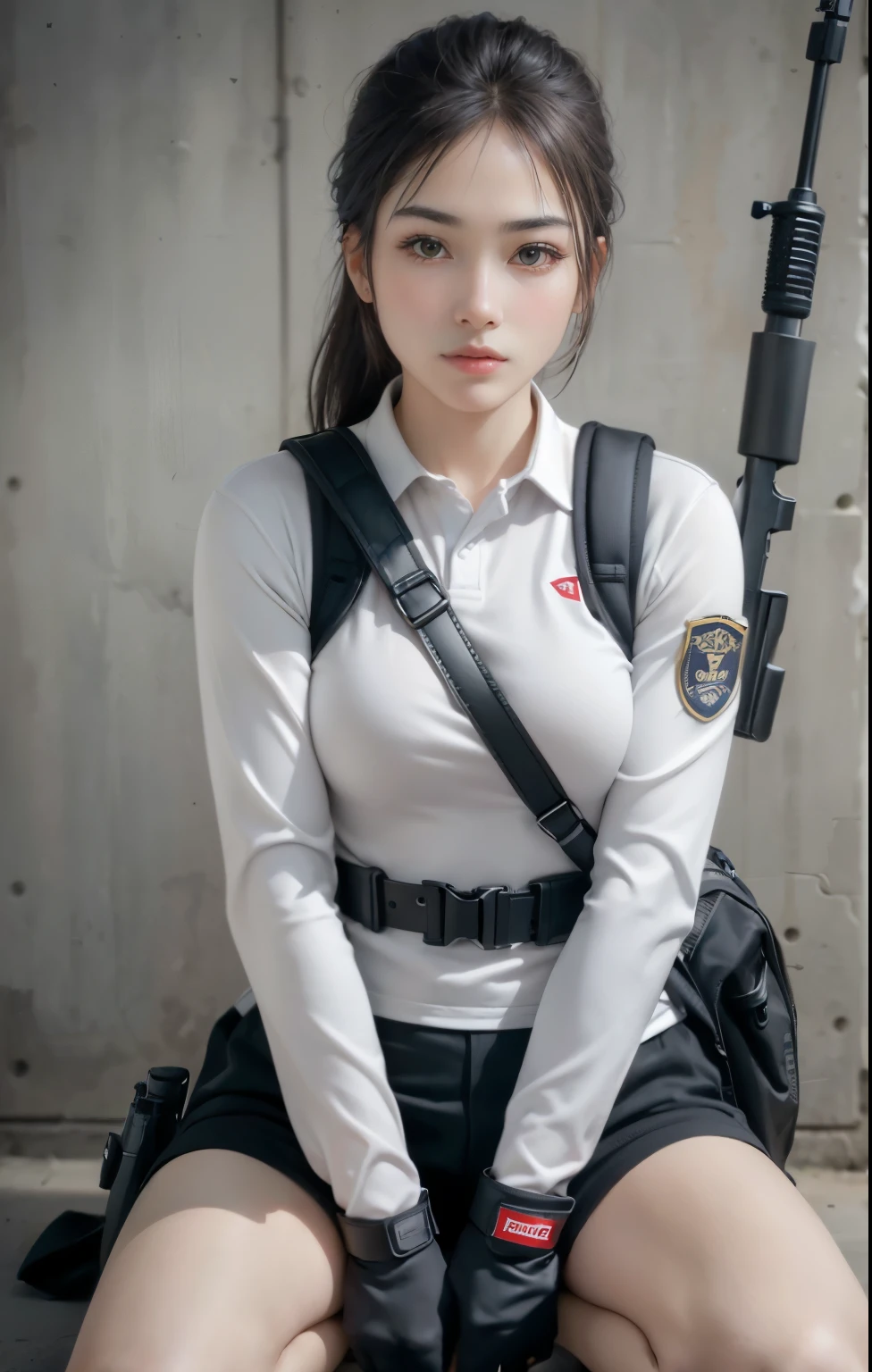Highest image quality, outstanding details, ultra-high resolution, (realism: 1.4), ((close up:0.75, from front)), Photorealistic, highly condensed 1 lady, full body, sitting on the floor with one knee raised, aiming with a rifle, (Detailed face), looking at the camera, (wearing nylon rash-guard as police uniform, gloves, military harness, holding a machinegun, carrying hich-tech-backpack), background grey, Fingers are occluded