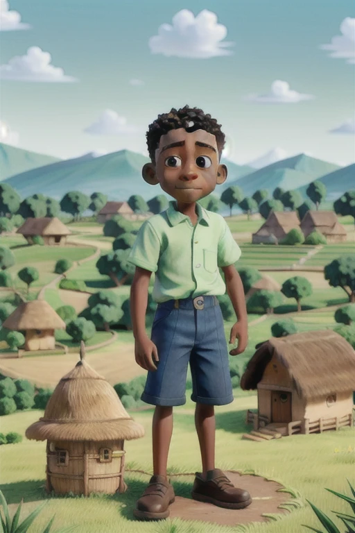 **Prompt:**
Create a hyperrealistic image of a young African boy, around , joyfully playing in a village setting. The boy should have dark skin, short curly hair, and be dressed in simple, traditional clothing. He is smiling and holding a handmade toy, perhaps a small stick or wooden figure. In the background, depict an authentic African village with thatched huts, dusty pathways, and lush greenery. The scene should capture the warmth of the sun, with a natural, earthy color palette that emphasizes the vibrant life of the village.