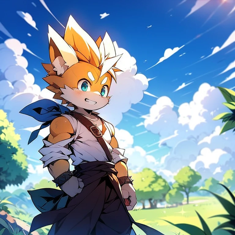Chibi Goku, lone male figure, focus on youthful energy, Super Saiyan transformation, attired in iconic Goku outfit, cloud-filled overcast sky above, vibrant blue hue of daytime sun, outdoor setting, upper body rendering, detailed textures on clothing, expressive eyes gleaming with determination. (anime art style: 1.0), high resolution: 1.4), [detailed facial features: 1.1], mischievous grin, spiky hair standing out, muscular build, slightly blurred aura surrounding him, subtle lines and shadows adding depth.