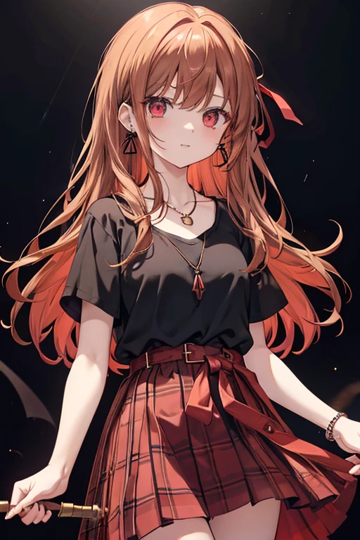reddish-brown golden hair、red eyes、one good looking girl、solo、anime、plaid mini skirt、black camisole、black t-shirt、dress、wearing a ribbon、ribbon at waist、crystal earrings、jewelry necklace、Light and shadow、tilting one's face、teeth are visible、pillar、torches、evil looking face