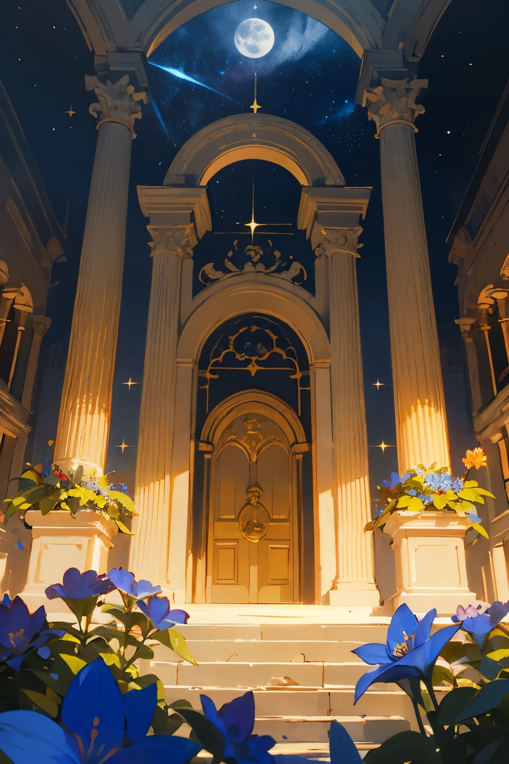 At the front of the scene is the large framed by a captivating garden filled with vibrant red and blue flowers capturing the celestial splendor of the Star Library described in the passage. The scene unfolds with the towering spires of the Star Library reaching towards the star-studded heavens, their celestial architecture intricately detailed and illuminated by the soft glow of distant constellations. The library's grand entrance is adorned with a vibrant garden of pulsating blue and red blooms, emitting an ethereal glow that harmonizes with the cosmos. As viewers delve deeper into the image, they encounter the monumental main entrance, a massive lunar stone door embedded with sparkling gems reflecting starlight. Golden reliefs depicting mythical figures and arcane symbols narrate the universe's ancient tales, inviting viewers to embark on a journey of cosmic discovery. At the front of the scene is the large library, framed by a captivating garden filled with vibrant red and blue flowers.