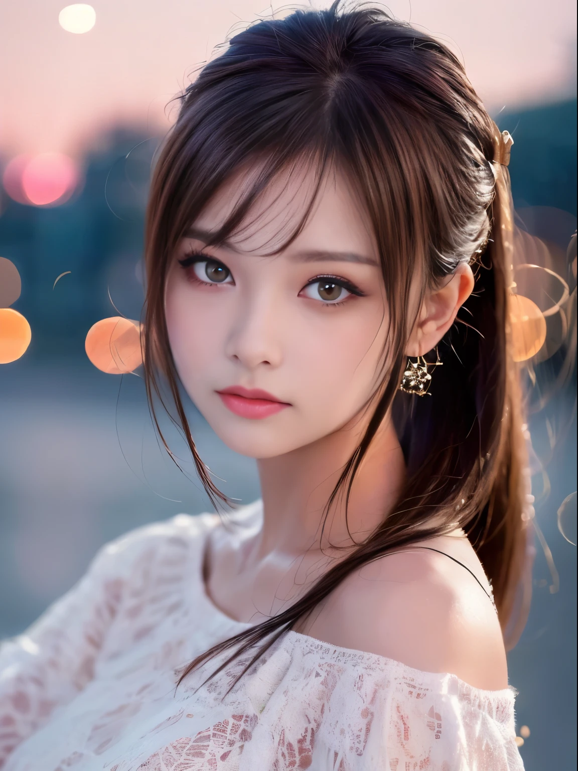 masterpiece、((1 girl))、(twin tails,Brunette hair)、(Amazing detailed face and eyes,pink eyes,clear eyes)、((amazingly beautiful girl))、艶のあるBrunette hair、off shoulder、((highest quality)), (Super detailed), (very detailed8k 生写真:1.5)、(very detailed,High resolution raw color photos,professional photography,(((Bokeh))),Depth of the bounds written)、beach、(twilight,sunset)、(Shrug your shoulders,Look at the viewer with a dazed expression)、