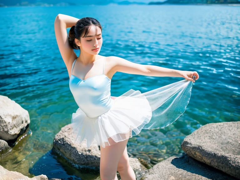 (a girl) (beautiful girl, Perfect and detailed face,mesmerizing and seductive).(best quality、masterpiece、ultra high resolution)(18 year old Japanese girl) (Standing with one left foot on the rock by the lake.Lift your right foot high. Delicate foot details)(Push your right hand forward.Stretch your left hand back.Delicate hand details)(Scene imitating the ballet Swan Lake).Ballet dancing facing the lake .best quality、masterpiece、ultra high resolution、(Photo realism)、original photo)(shadow、octane rendering、8K、Super sharp. realistic light)、 A beautiful Japanese girl wearing a white tutu，Standing on the rocks by the lake in the afternoon。Against the background of blue sky and heart-shaped lake。
, Serenity and elegance, Excellent composition,

